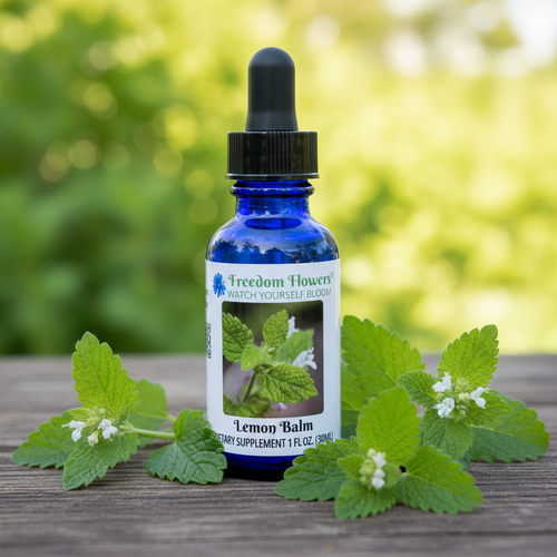 Bottle of Lemon Balm flower essence with lemon balm sprigs around it.