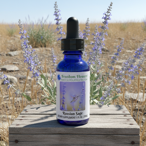 Russian Sage flower essence bottle on a wooden crate with a blooming Russian Sage plant behind it.
