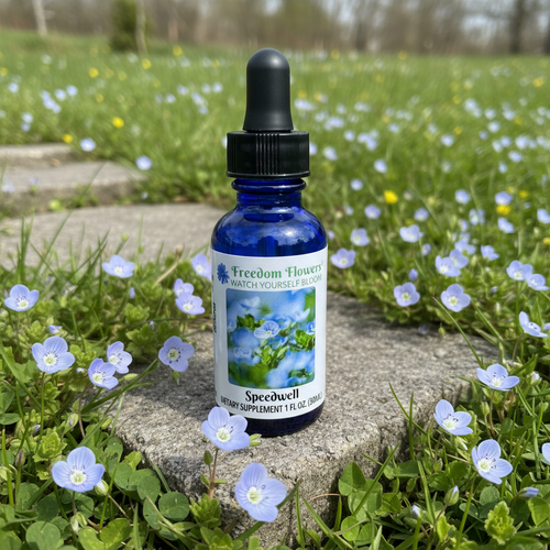 Speedwell flower essence bottle sitting on stepping stone in lawn full of speedwell flowers. 