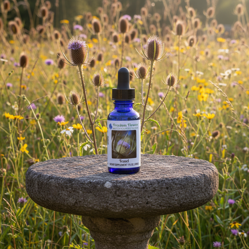 Teasel flower essence bottle sitting on a concrete pedestal in a wildflower field with some teasel in the background. 