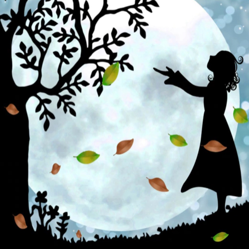 Graphic from bottle label:
Illustration of a girl looking up at a tree under the moonlight