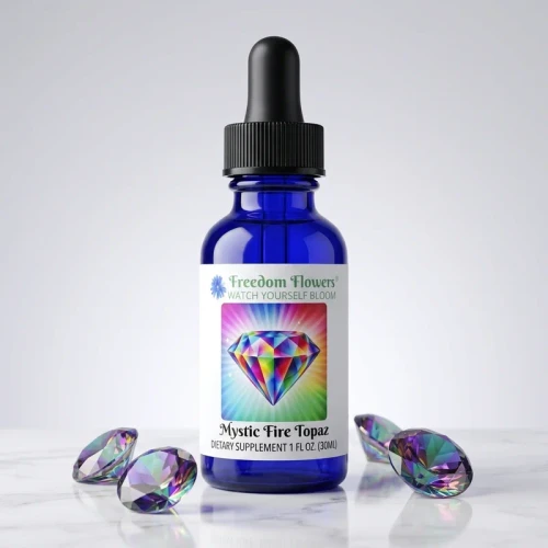 Mystic Fire Topaz Divine Gem Essence bottle with cut mystic fire topaz gemstones