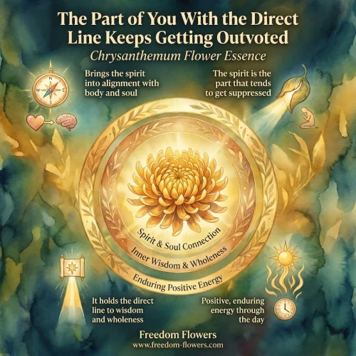 Watercolor  graphic in green and gold. A golden chrysanthemum glows at the center of concentric golden rings labeled "Spirit & Soul Connection," "Inner Wisdom & Wholeness," and "Enduring Positive Energy." Headline: "The Part of You With the Direct Line Keeps Getting Outvoted — Chrysanthemum Flower Essence." Four captions with icons: a compass and heart-to-brain arrow ("Brings the spirit into alignment with body and soul"), a descending light ("The spirit is the part that tends to get suppressed"), a glowing scroll ("It holds the direct line to wisdom and wholeness"), and a sun with a clock ("Positive, enduring energy through the day"). 