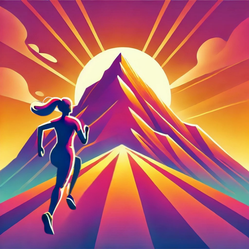 Graphic from bottle label: 
Illustration of a person running toward a colorful mountain under a rising sun.
