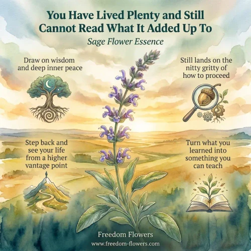 Watercolor graphic over a golden-lit rolling-hills landscape at dusk. A tall purple-flowering sage stalk rises through the center. Headline: "You Have Lived Plenty and Still Cannot Read What It Added Up To — Sage Flower Essence." Four captions with icons: a rooted tree with a crescent moon ("Draw on wisdom and deep inner peace"), an acorn under a magnifying glass with gears ("Still lands on the nitty gritty of how to proceed"), a figure atop a mountain path ("Step back and see your life from a higher vantage point"), and an open book sprouting a seedling ("Turn what you learned into something you can teach"). 