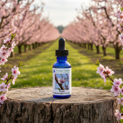 Peach flower essence bottle sitting on stump in between rows of a peach orchard. 