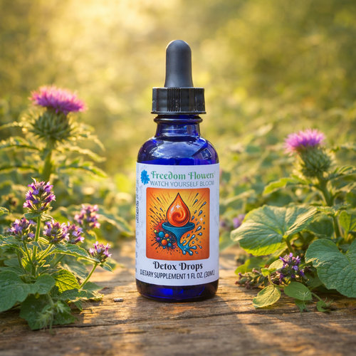 Detox Drops bottle on wood, surrounded by wild herbs in soft sunlight.