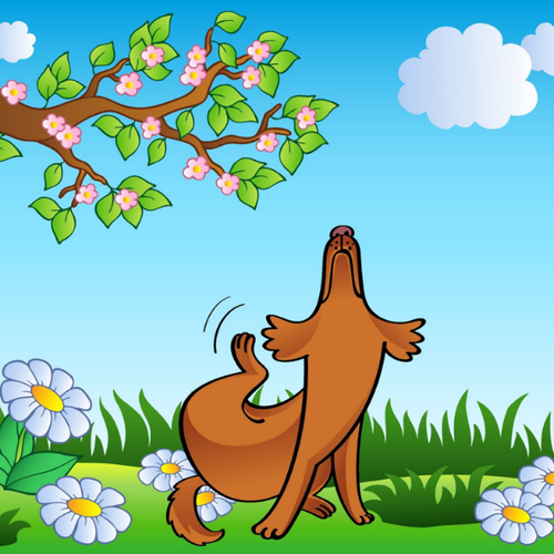 Illustration from bottle label, brown dog scratching under a flowering tree in a field of flowers.