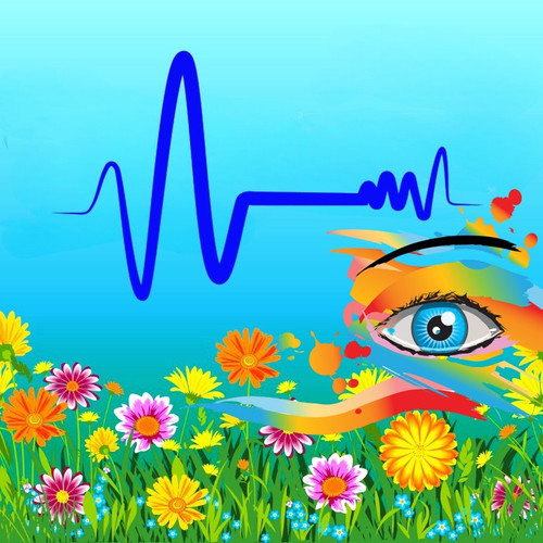 Image from bottle label: Blue frequency wave over field of bright flowers.