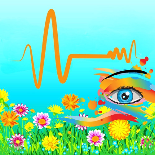 Graphic from bottle label: Orange frequency wave over bright flowers in a field with an eye. 