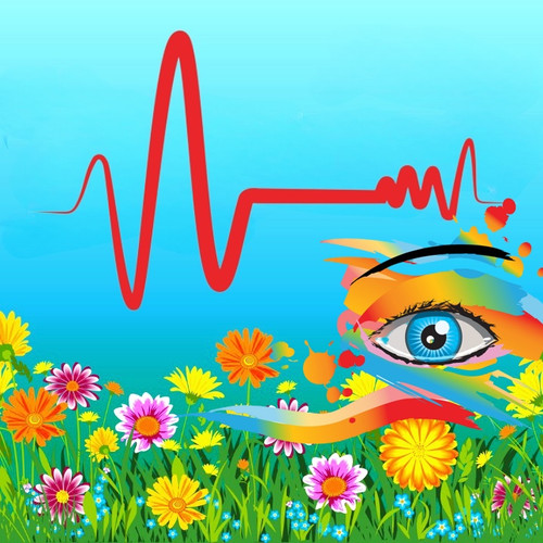 Image from bottle label: Illustration of red frequency wave over a field of bright flowers with an eye.