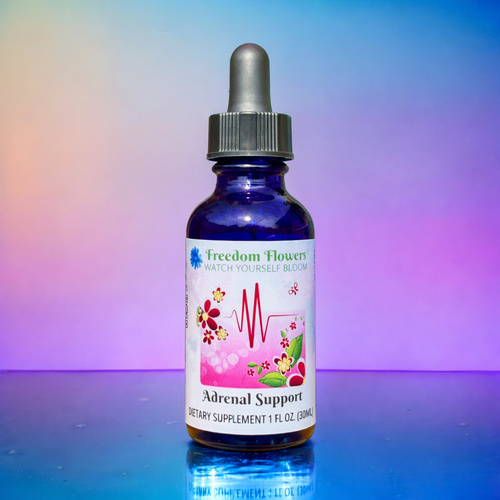 Bottle of Adrenal Support Bioessence with colorful background.