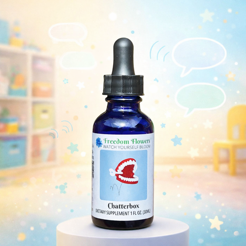 Bottle of Chatterbox flower essence displayed on a pedestal in a playful, child-friendly room with speech bubbles in the background.