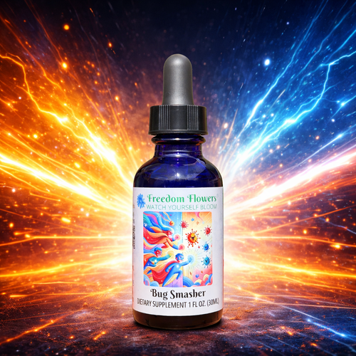 Bottle of Bug Smasher flower essence set against a vibrant, energetic burst of light in a cosmic-style background.