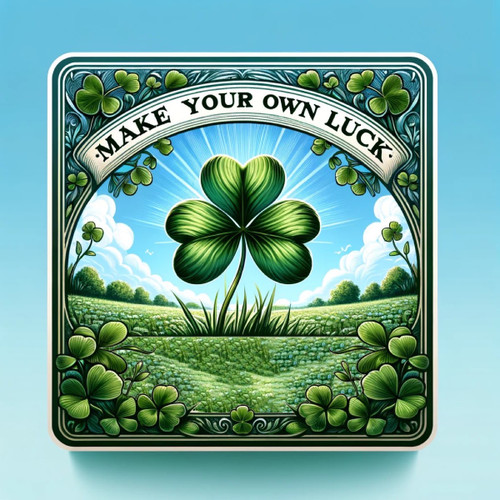 Graphic from bottle label, shamrock in the middle of a green field with a blue sky and a banner that says "Make Your Own Luck." 