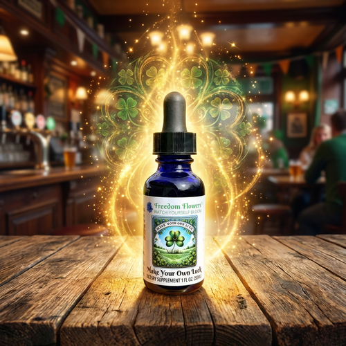 Bottle of Make Your Own Luck flower essence sitting on a wooden table in a pub, surrounded by magical glow with faint 4 leaf clovers in the ether. 