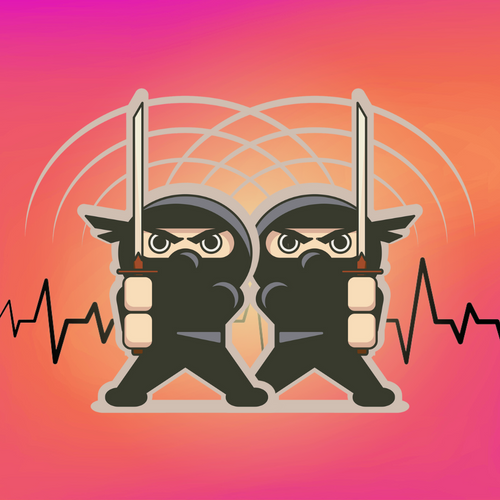 Illustration from bottle graphic: Two ninjas wielding swords with a reddish background and a frequency wave. 