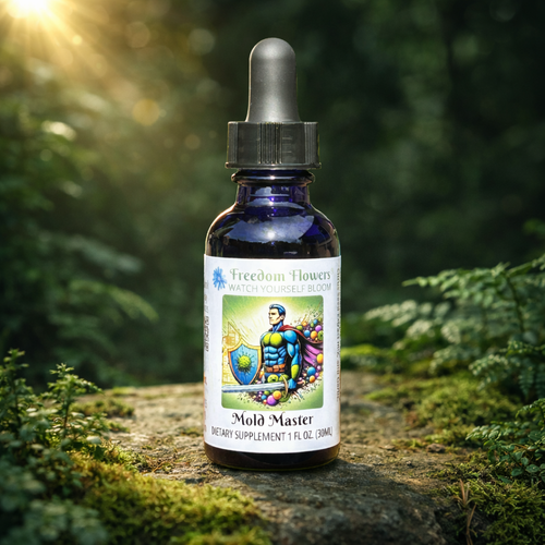 Bottle of Mold Master in mossy forest with grasses backlit by sun.