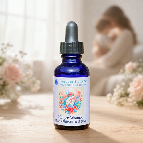 Mother Wounds bottle in the foreground, with a mother holding a child in a soft, warm background