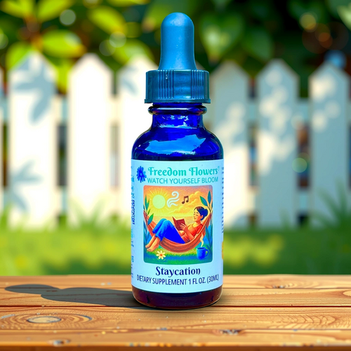 Staycation bottle on wooden outdoor table in yard with white picket fence in background. 