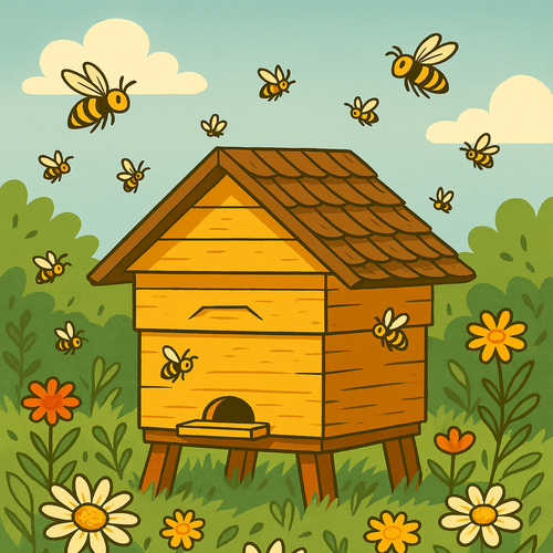 Illustration of wooden bee hive in a field of flowers with bees flying around.
