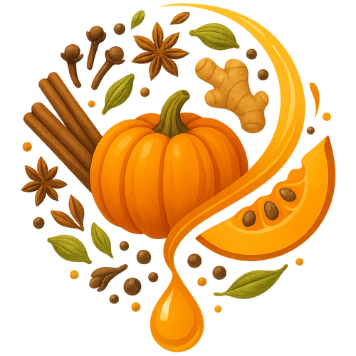 Illustration from Bottle Label. A pumpkin surrounded by spices with a swoop of pumpkin seed oil. 