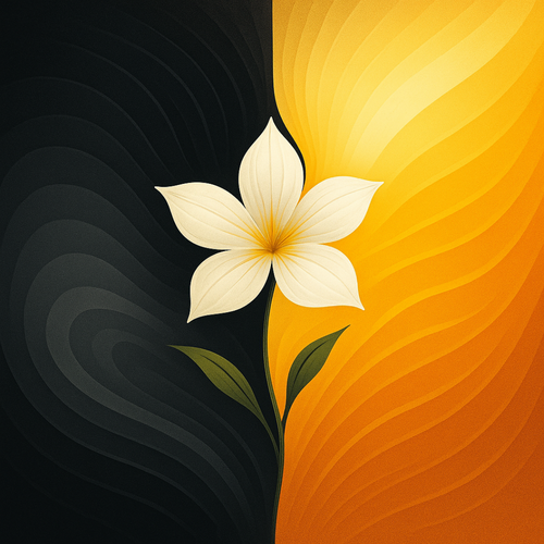 Illustration from bottle label of a 5 petaled white flower dividing a black and orange panel.