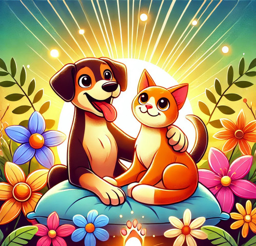 Illustration from bottle label of a cat and a dog sitting together Happy 