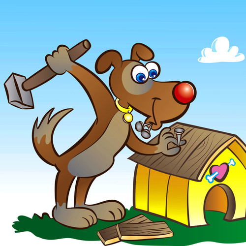 Illustration from bottle label of a Cartoon dog with a hammer and a nail working on his new dog house.