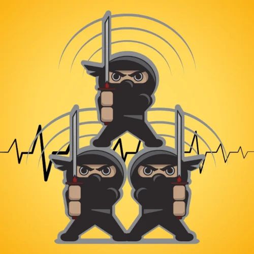 Illustration from bottle label: 3 sword wielding ninjas on a yellow background with a frequency wave in the middle.