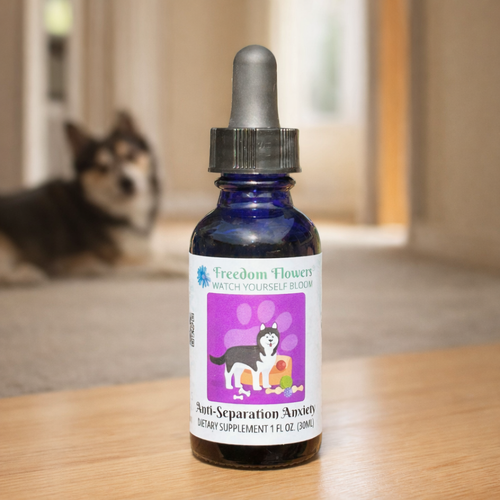 Anti-Separation Anxiety bottle on a wooden table, with a blurred dog in the background.