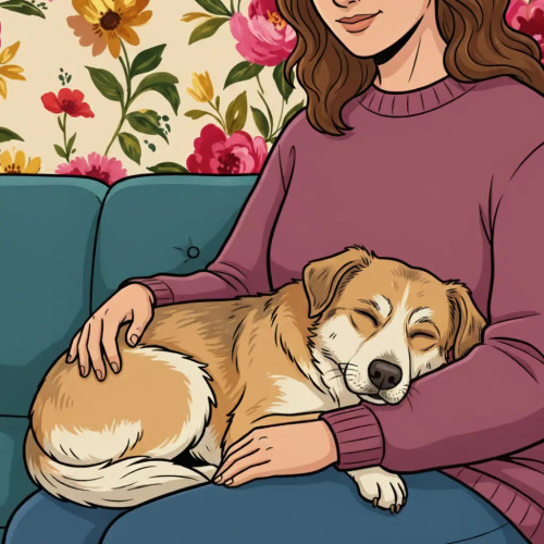 Trust the Good flower essence label illustration of a woman with a calm sleeping dog
