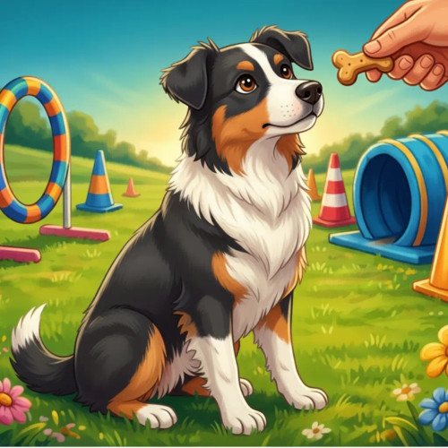Focus For Pets bottle label illustration: Border Collie sitting at the start of an agility course receiving a training treat.