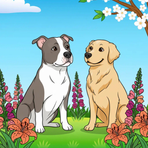 Socially Settled flower essence label illustration: a calm dog meeting an unfamiliar dog without snapping or lunging