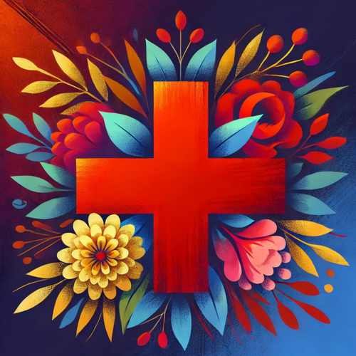 Graphic from bottle label:
Illustration of a bold red medical cross surrounded by colorful flowers and leaves