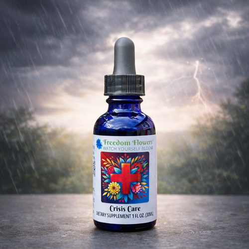 Bottle of Crisis Care flower essence set against a stormy background with rain and lightning.