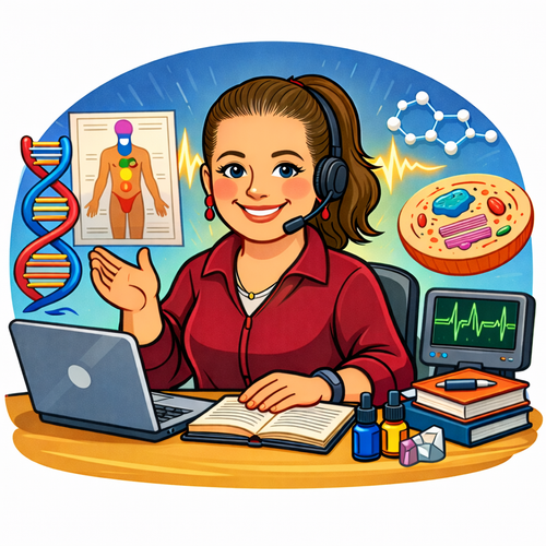 Cartoon graphic of Eve with a computer and headset with note books and essence bottles