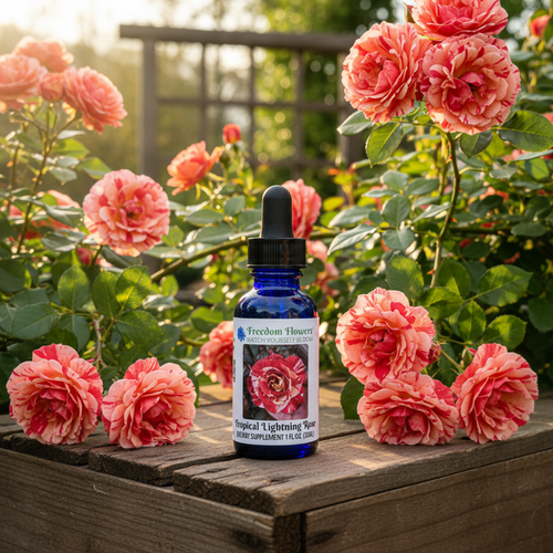 Tropical Lightning Rose flower essence bottle sitting on wooden box in front of a trellis of Tropical lightning roses that are spilling off of it. 