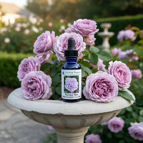 Poseidon Rose flower essence bottle sitting on edge of a small birdbath that is full of purple roses.