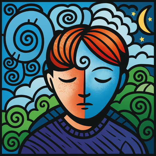 Graphic from bottle label:
Illustration of a person asleep and dreaming.
