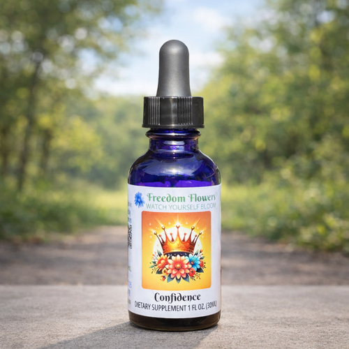 Bottle of Confidence flower essence placed on a stone path with a softly blurred, sunlit nature background.