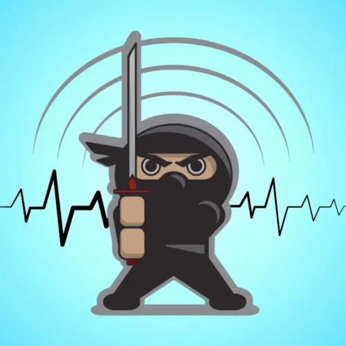 Image from bottle label: Illustrated ninja on a blue background with frequency waves.