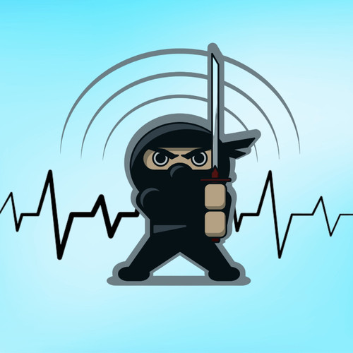 Image from bottle label: Illustrated ninja on a blue background with frequency waves.