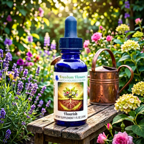 Bottle of Flourish essence on a wooden bench in a flower garden with a copper watering can.