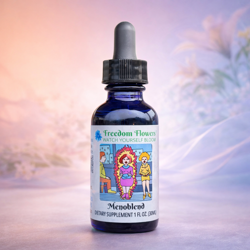 Menoblend bottle against a soft pastel background with gentle light.