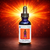 Powerhouse bottle with radiant orange sunburst background.