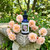 Perle d'Or rose flower essence sitting on a garden bench with roses around it.