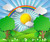 Illustration from label graphic of a sun with clouds, rainbow, green trees and flowers. 