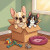 New Home flower essence bottle label illustration: a french bulldog and tuxedo cat popping out of a moving box with scattered toys, supporting pets through relocations and the first weeks home.