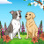Socially Settled flower essence label illustration: a calm dog meeting an unfamiliar dog without snapping or lunging